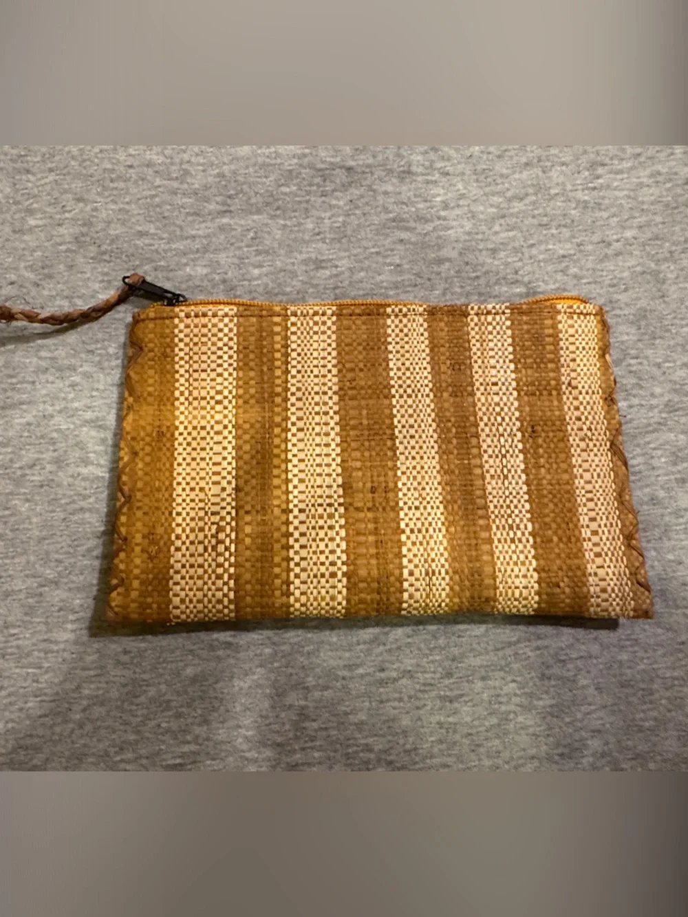 Striped Woven Raffia Straw Pouch Set - Brown & Cream Handmade in Madagascar